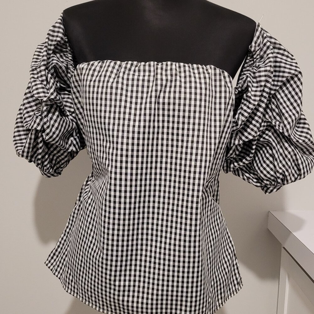 SHOULDERLESS B&W Gingham Style pouf sleeve summer blouse